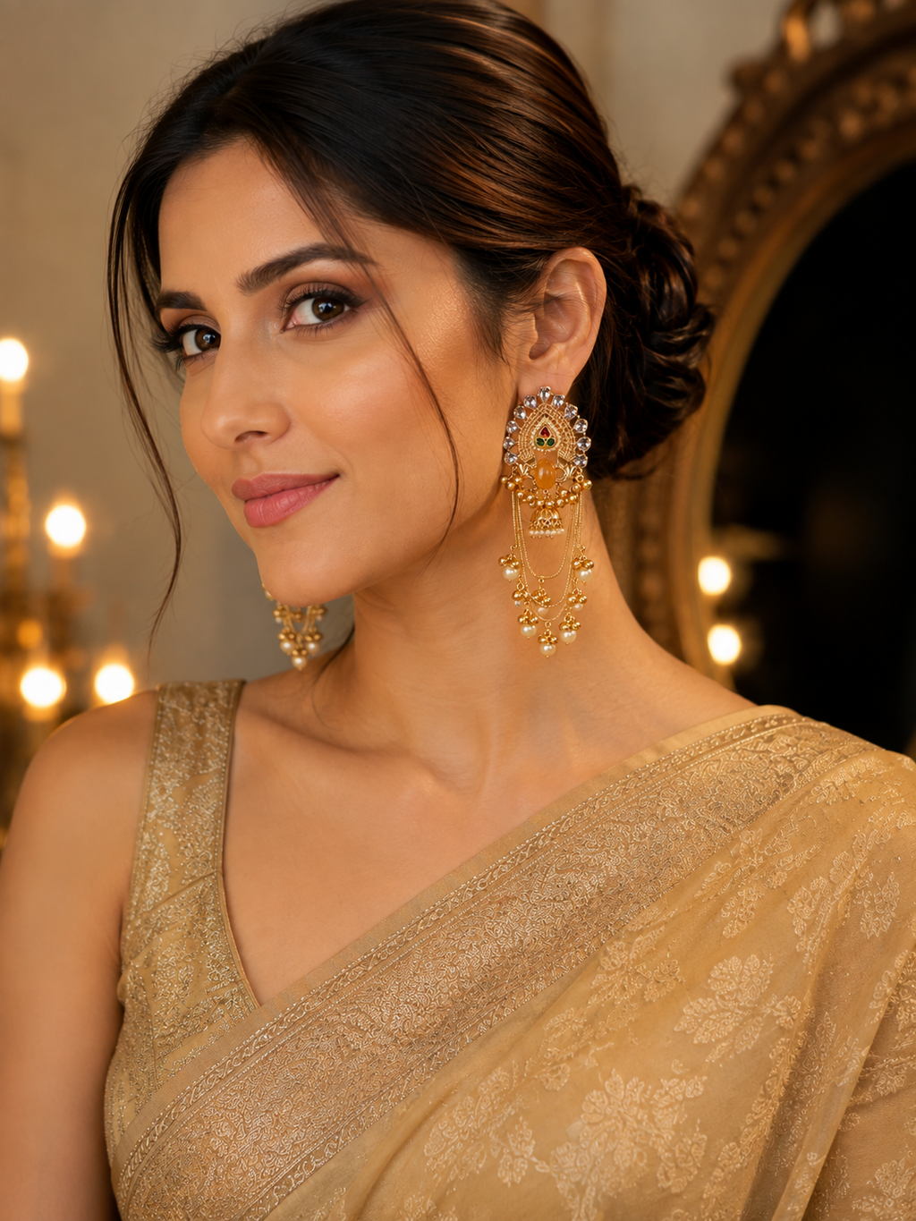 Gold-Tone Kundan Jhumka Earrings with Pearl Chain Drops
