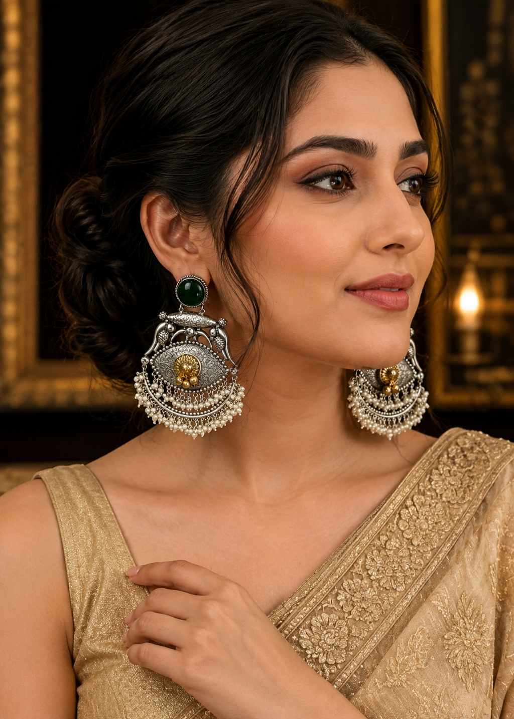 Womens Oxidised Silver Chandbali Earrings with Green Stone