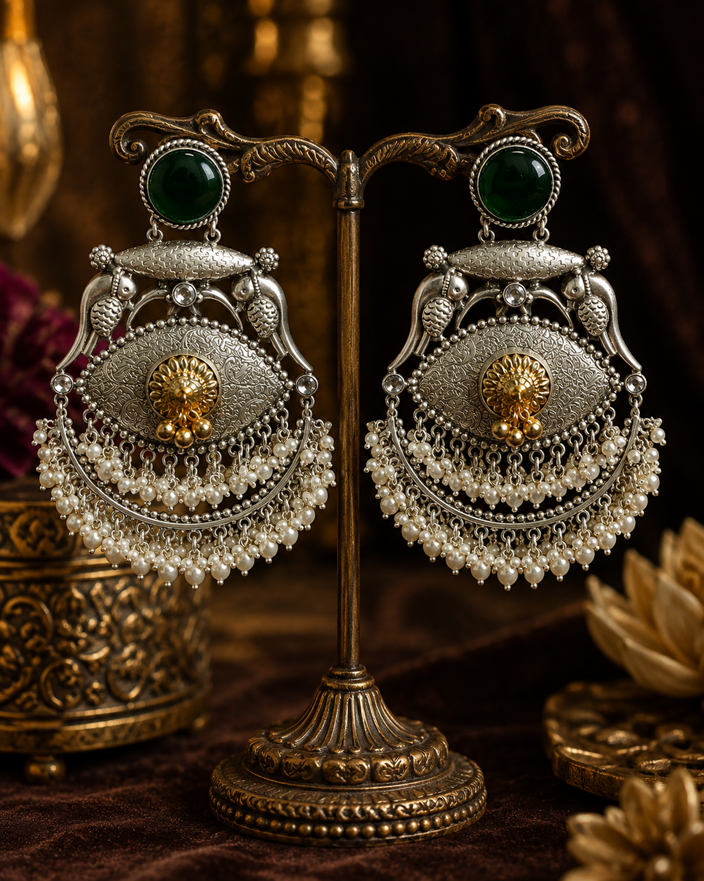 Womens Oxidised Silver Chandbali Earrings with Green Stone