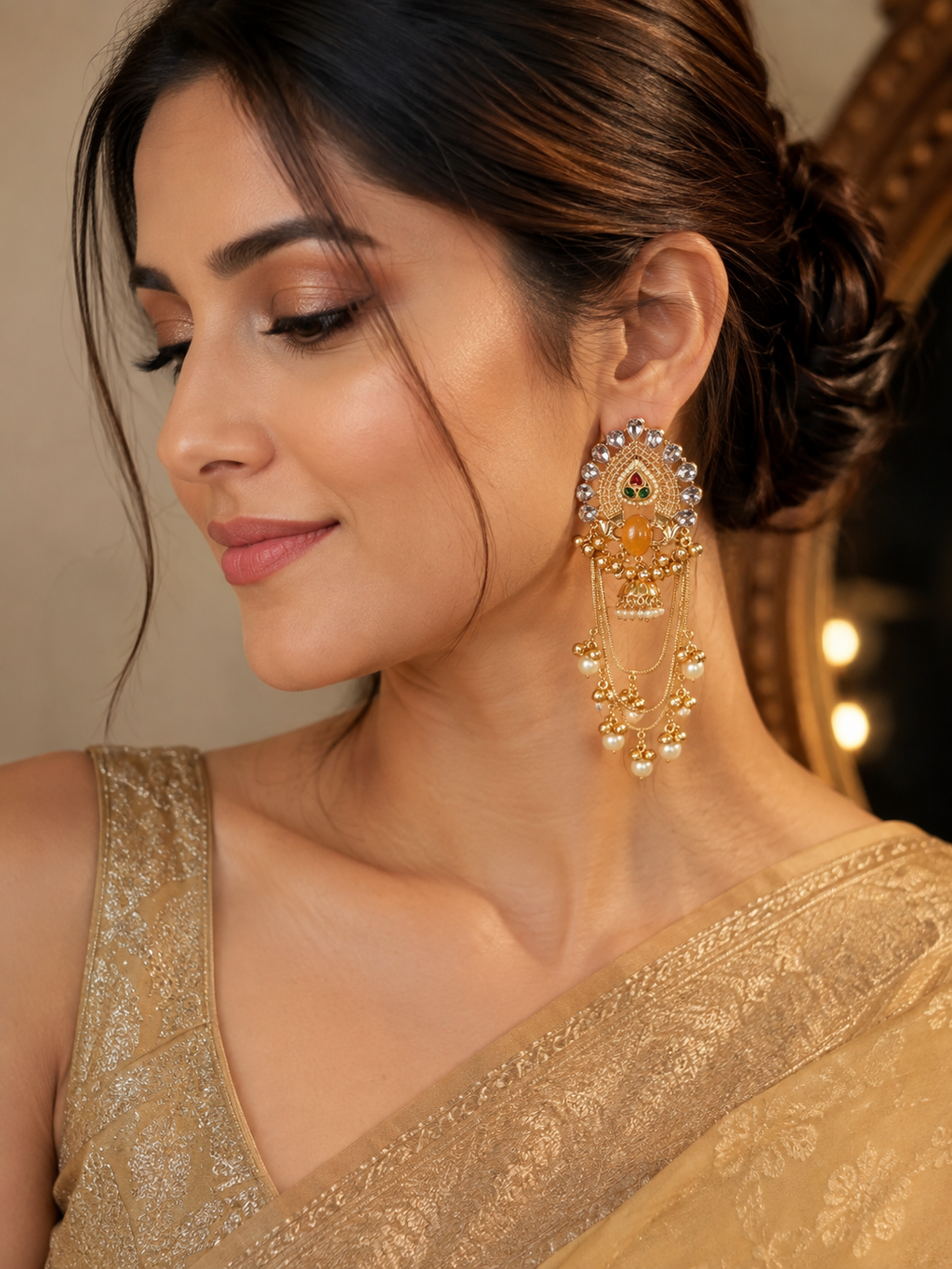 Gold-Tone Kundan Jhumka Earrings with Pearl Chain Drops