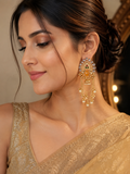 Gold-Tone Kundan Jhumka Earrings with Pearl Chain Drops