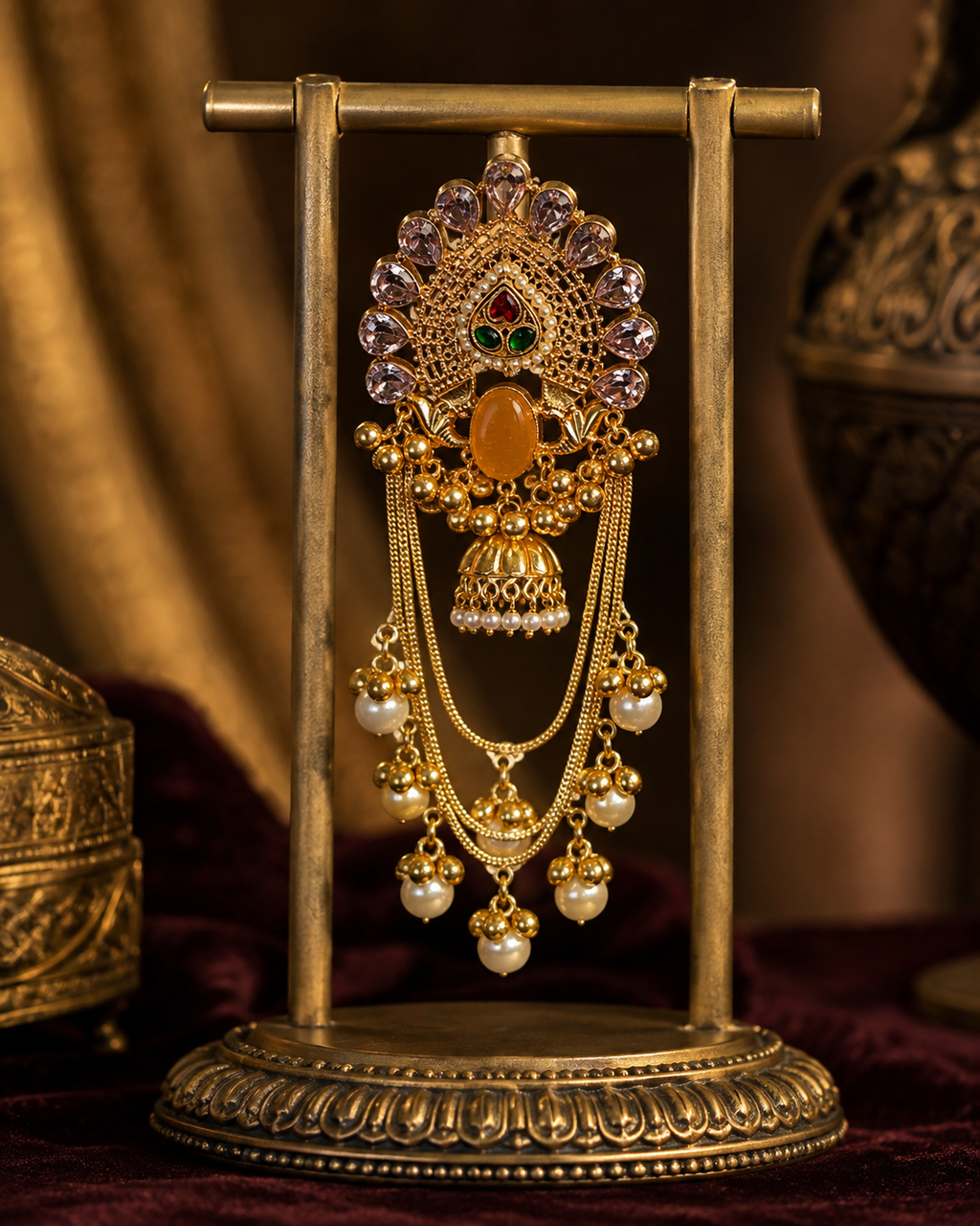 Gold-Tone Kundan Jhumka Earrings with Pearl Chain Drops