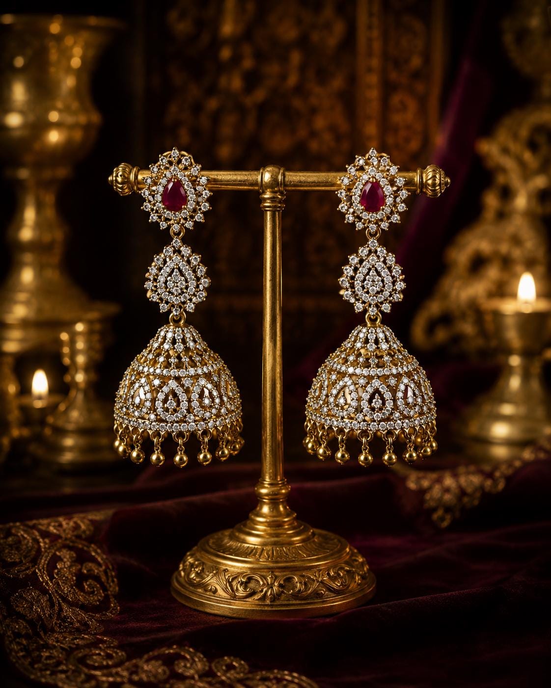 American Diamond Bridal Necklace Set, Ruby Red Pear Stones, Indian Wedding Jewellery, Jhumka Earrings