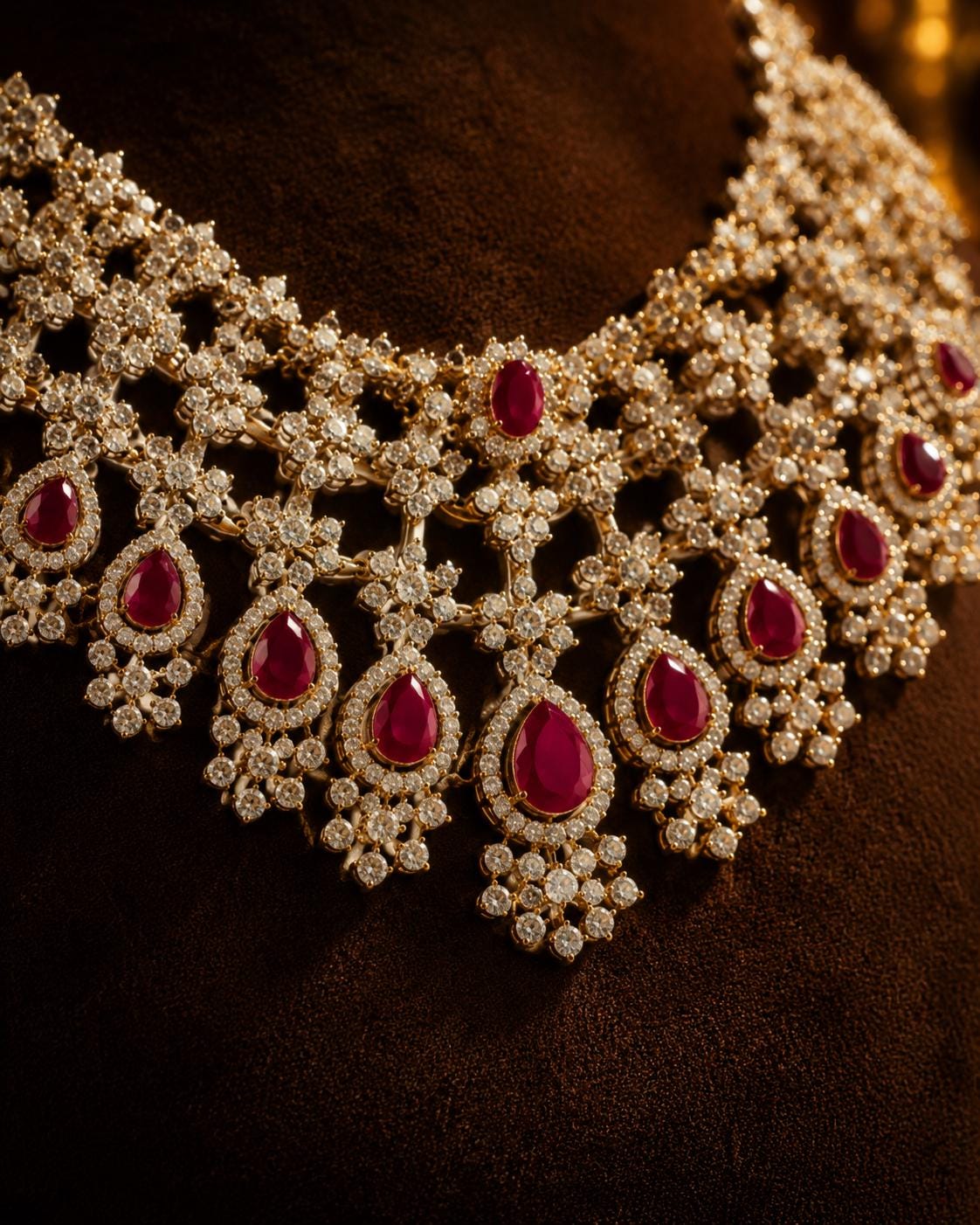 American Diamond Bridal Necklace Set, Ruby Red Pear Stones, Indian Wedding Jewellery, Jhumka Earrings