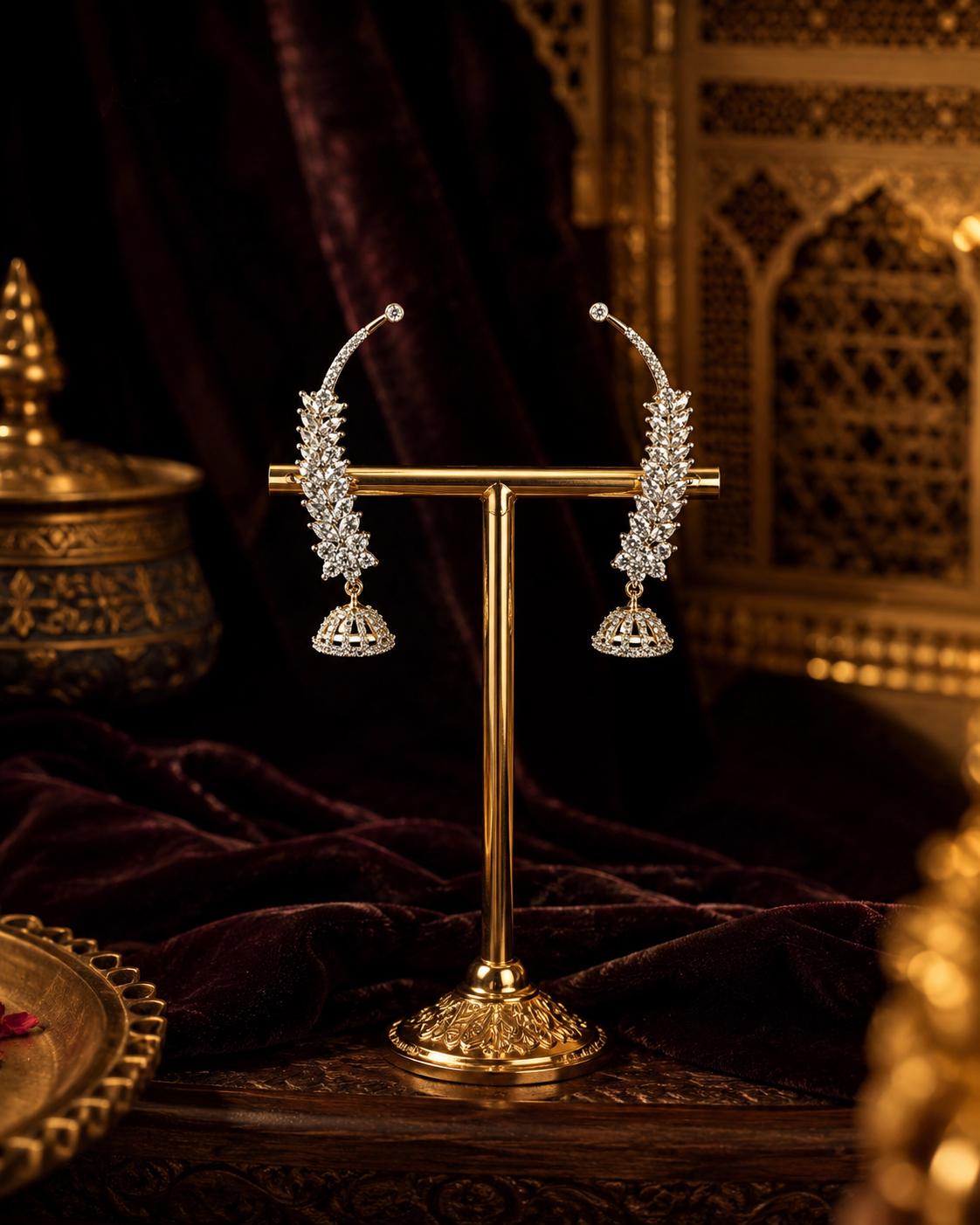 Silver CZ Leaf Jhumka Earrings, Diamond Look Bridal Jhumki, Gold Accent Wedding Saree Lehenga