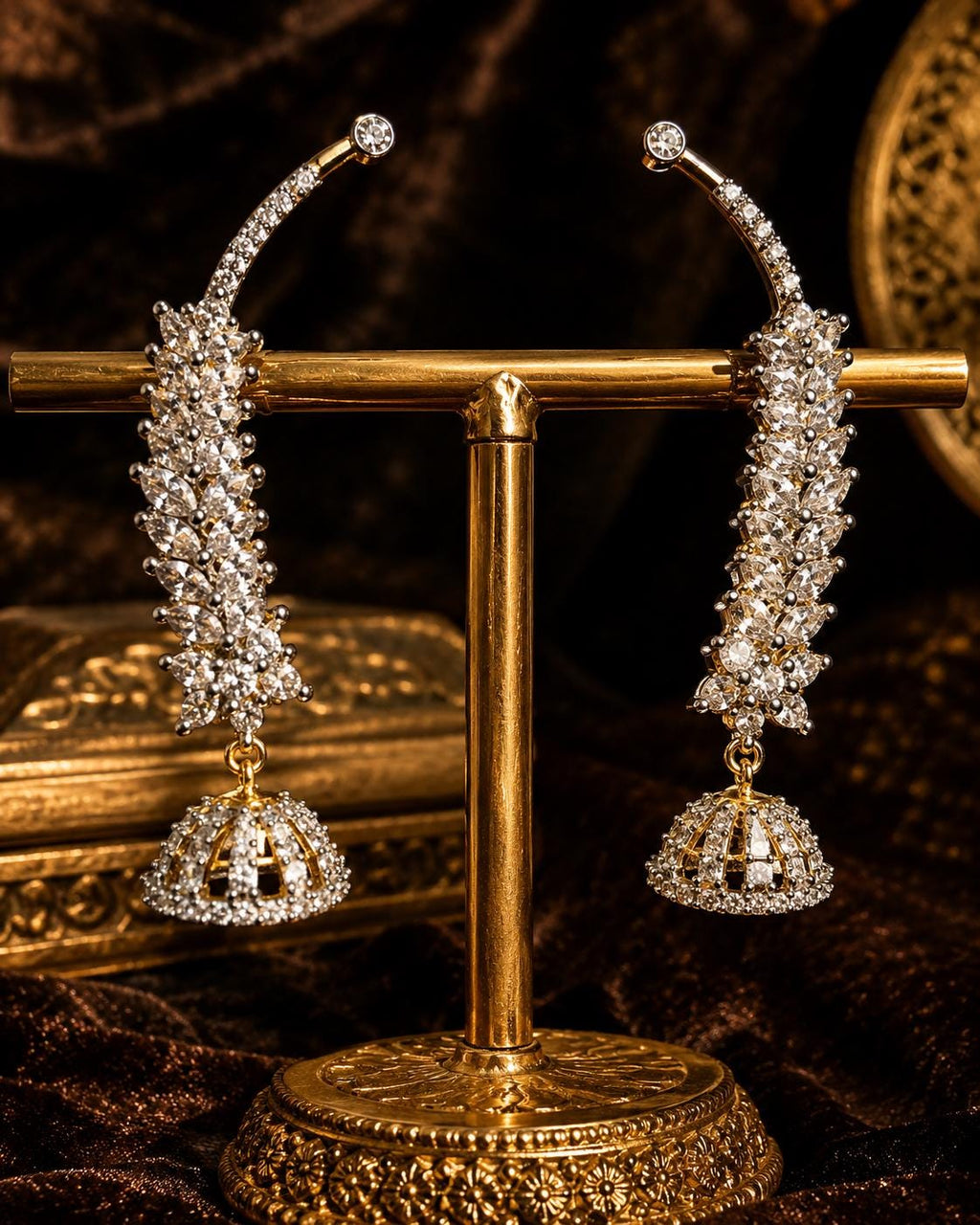 Silver CZ Leaf Jhumka Earrings, Diamond Look Bridal Jhumki, Gold Accent Wedding Saree Lehenga