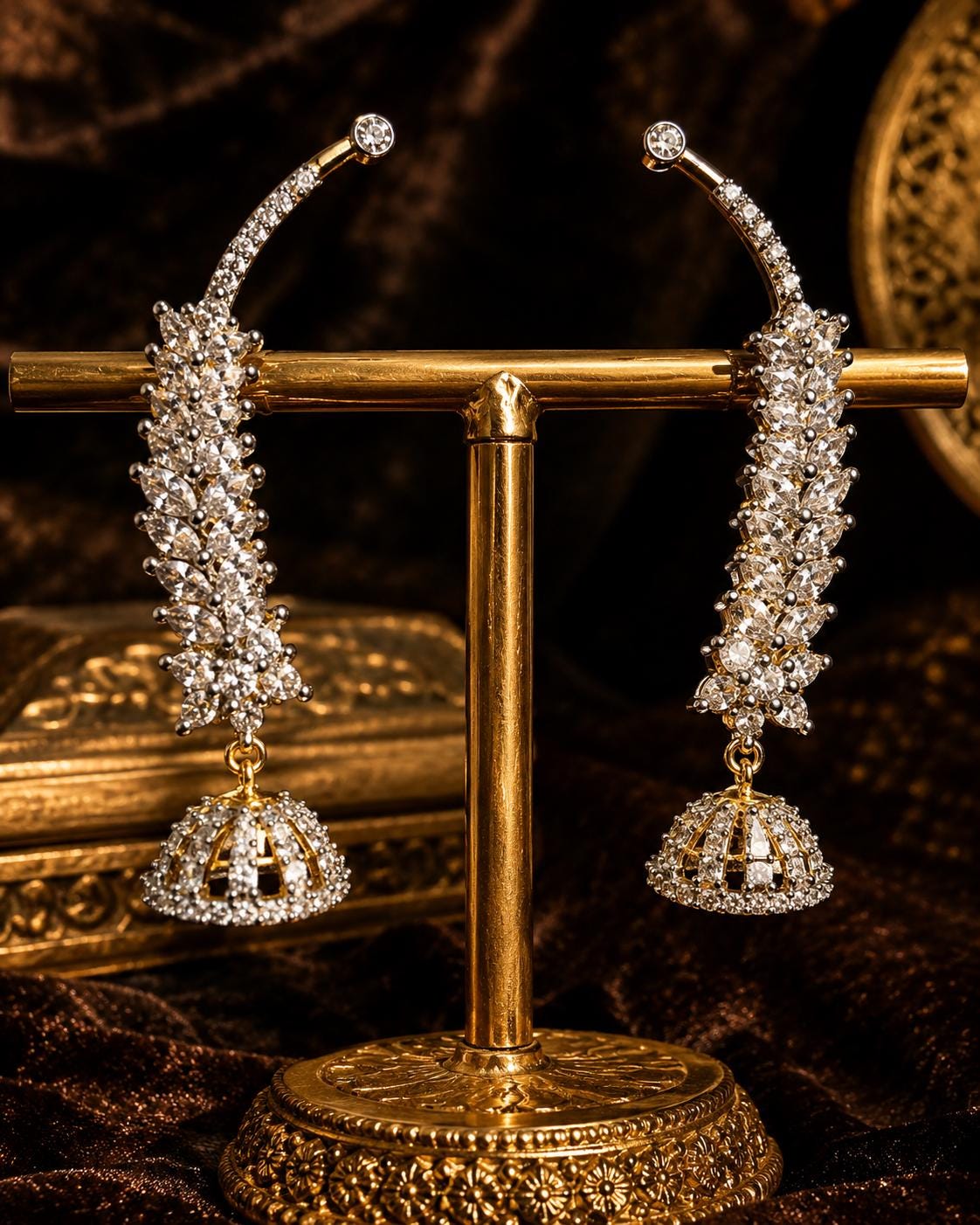 Silver CZ Leaf Jhumka Earrings, Diamond Look Bridal Jhumki, Gold Accent Wedding Saree Lehenga