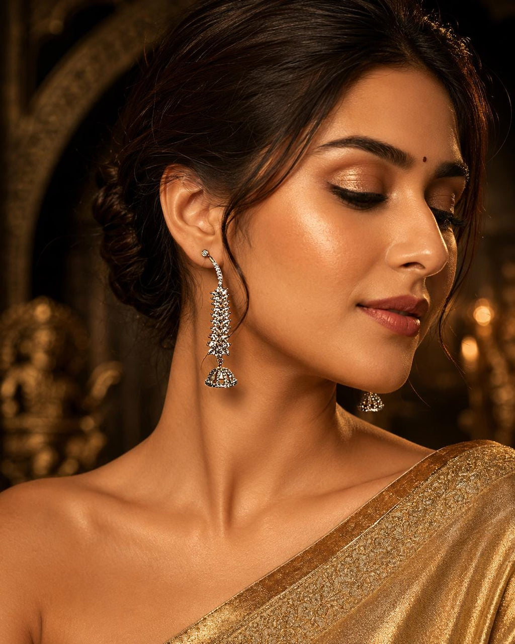 Silver CZ Leaf Jhumka Earrings, Diamond Look Bridal Jhumki, Gold Accent Wedding Saree Lehenga
