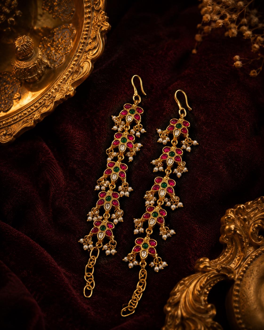 Long Indian Earrings, Gold Tone Pearl Drop Red Green Stones, Traditional Bridal Chain Jewelry