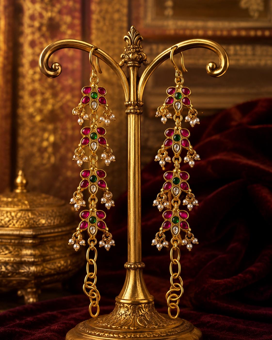 Long Indian Earrings, Gold Tone Pearl Drop Red Green Stones, Traditional Bridal Chain Jewelry