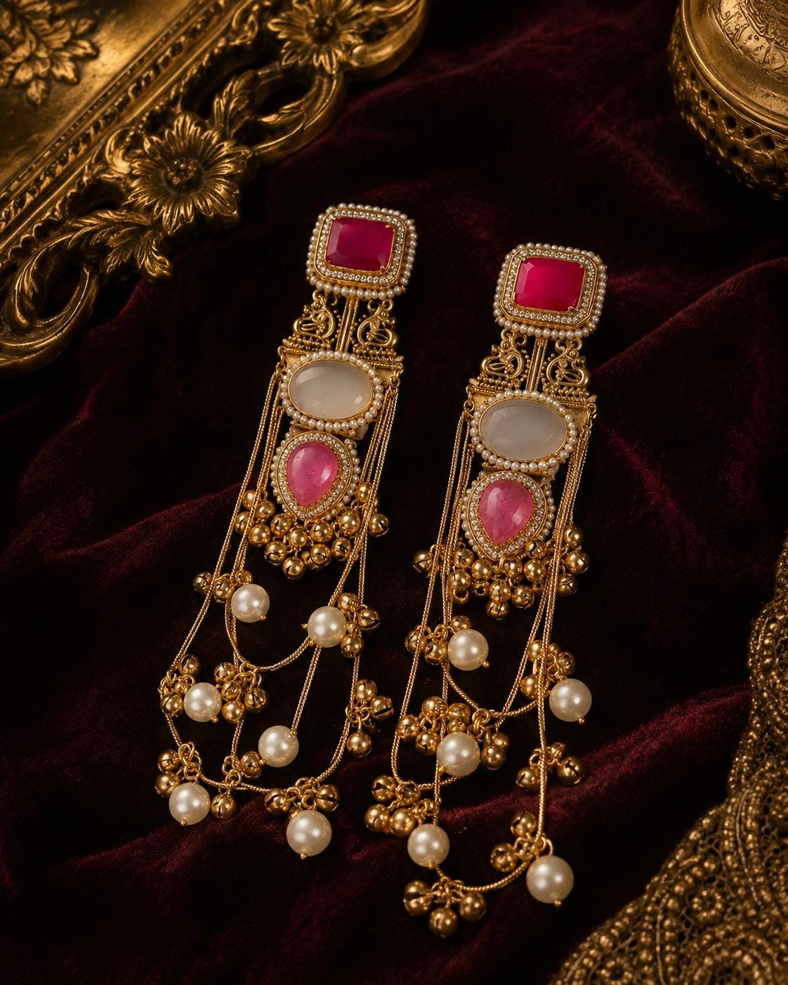 Indian Chandelier Earrings, Pink White Stone Gold Tone Pearl Tassel Bridal Wedding