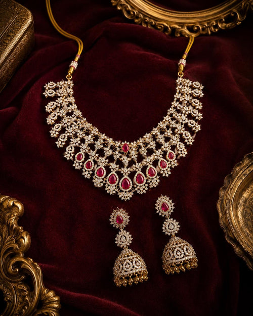 American Diamond Bridal Necklace Set, Ruby Red Pear Stones, Indian Wedding Jewellery, Jhumka Earrings