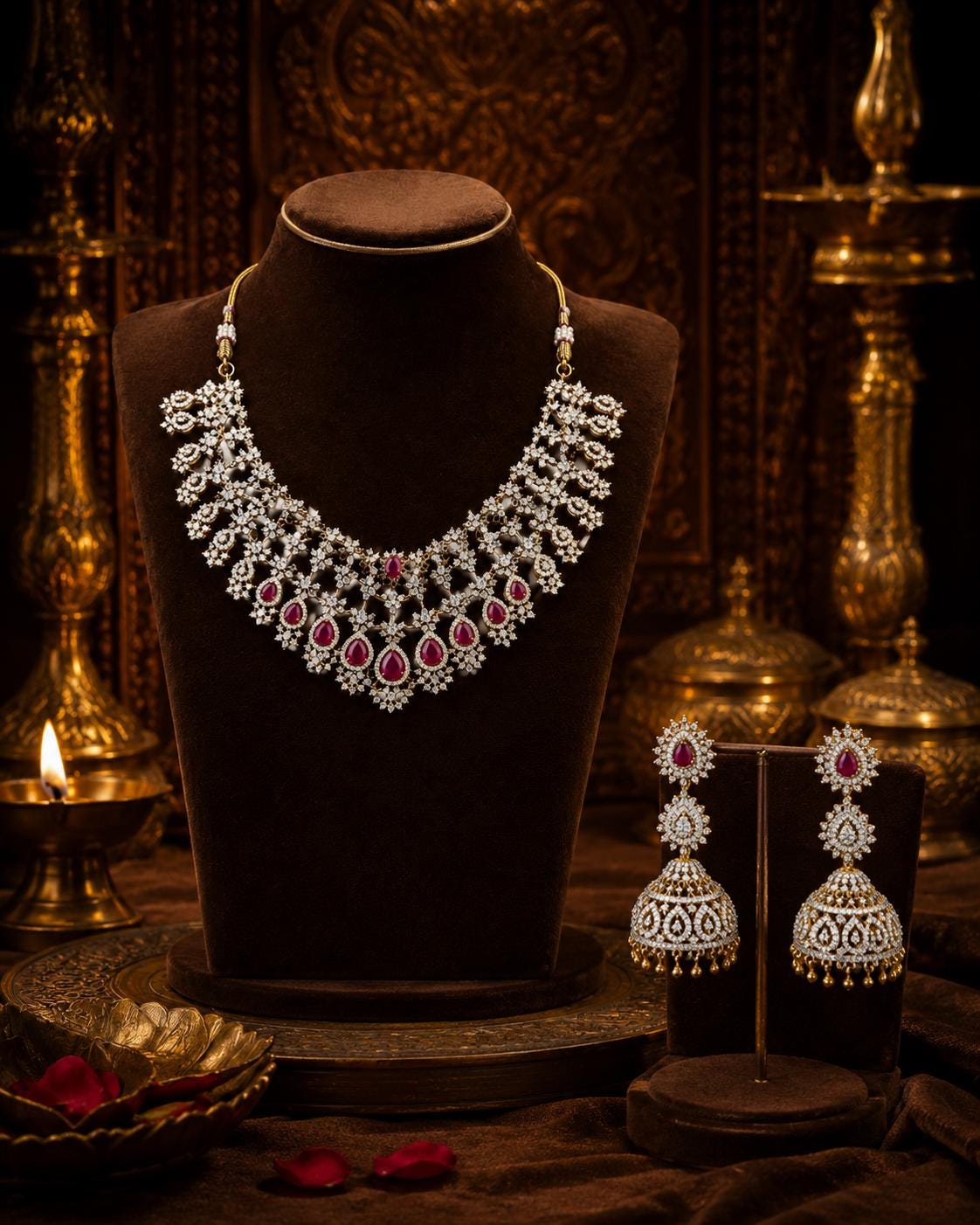 American Diamond Bridal Necklace Set, Ruby Red Pear Stones, Indian Wedding Jewellery, Jhumka Earrings