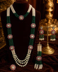 Indian Bridal Jewellery Set, Green Beads, Pearls, Pink Kundan Stones, Rani Haar Necklace