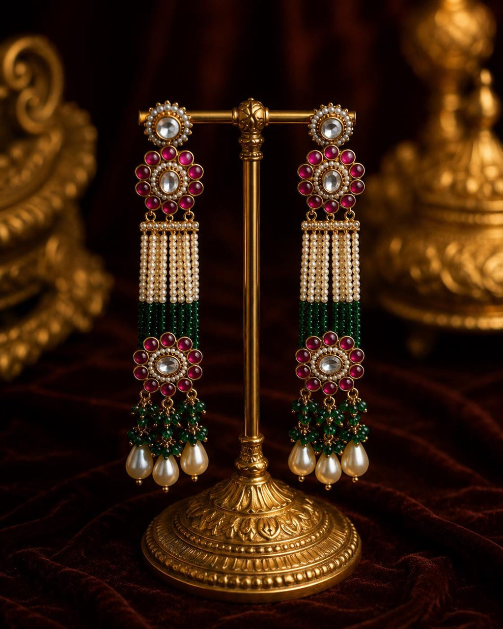 Indian Bridal Jewellery Set, Green Beads, Pearls, Pink Kundan Stones, Rani Haar Necklace