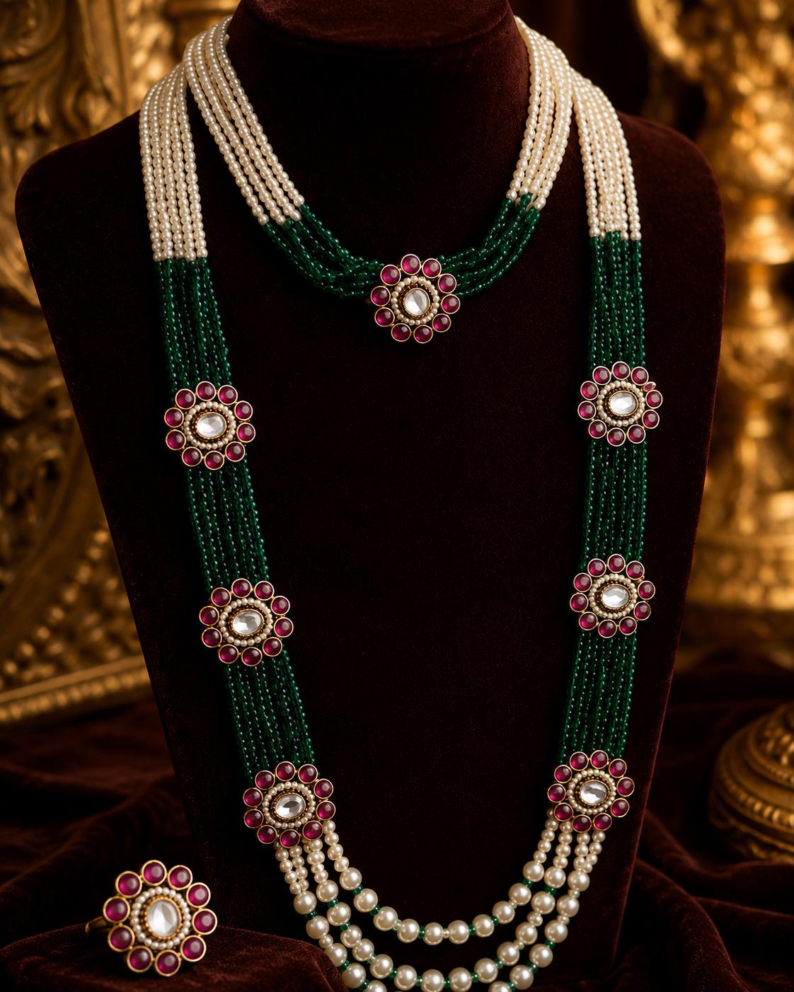 Indian Bridal Jewellery Set, Green Beads, Pearls, Pink Kundan Stones, Rani Haar Necklace