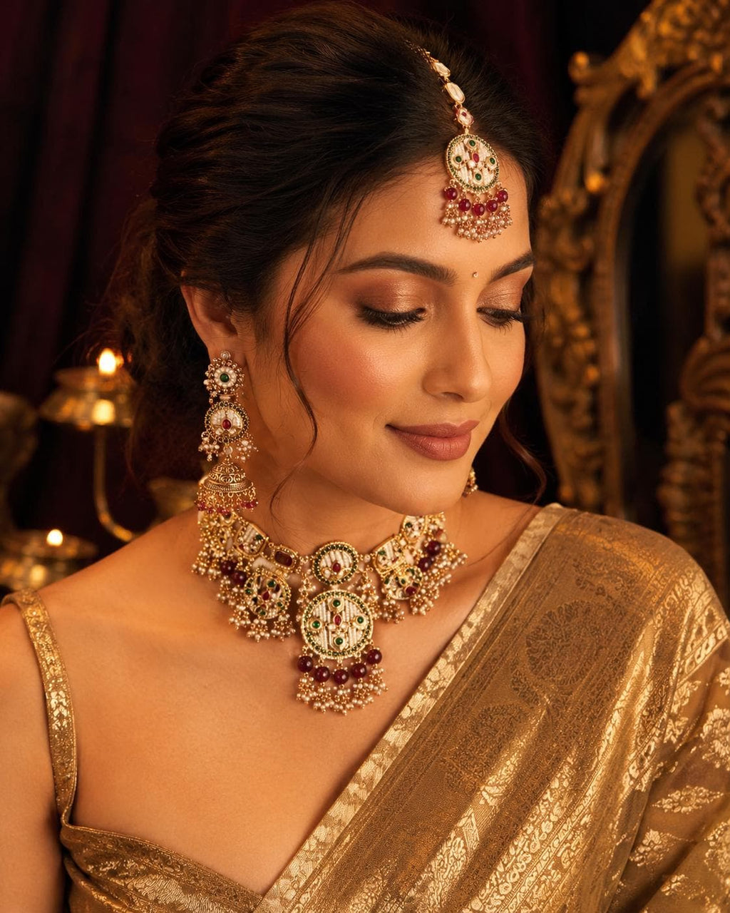Indian Bridal Jewelry Set, Kundan Style Necklace, Choker, Jhumka Earrings, Maang Tikka