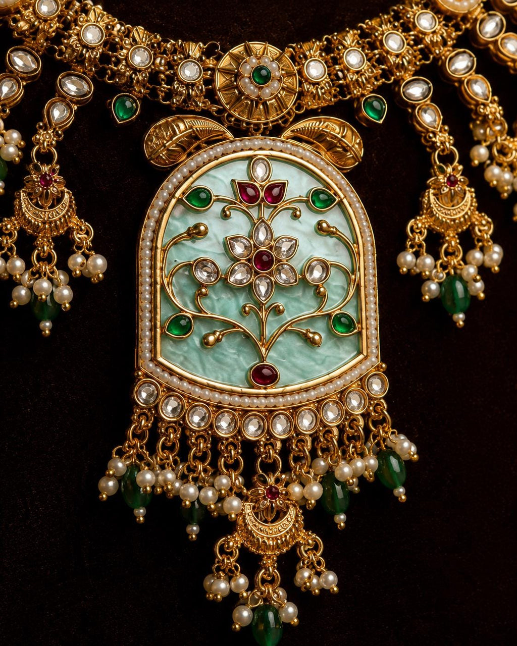 Mint Green Kundan Necklace Set, Gold Tone Indian Bridal Choker, Pearl Drop Statement Jewelry