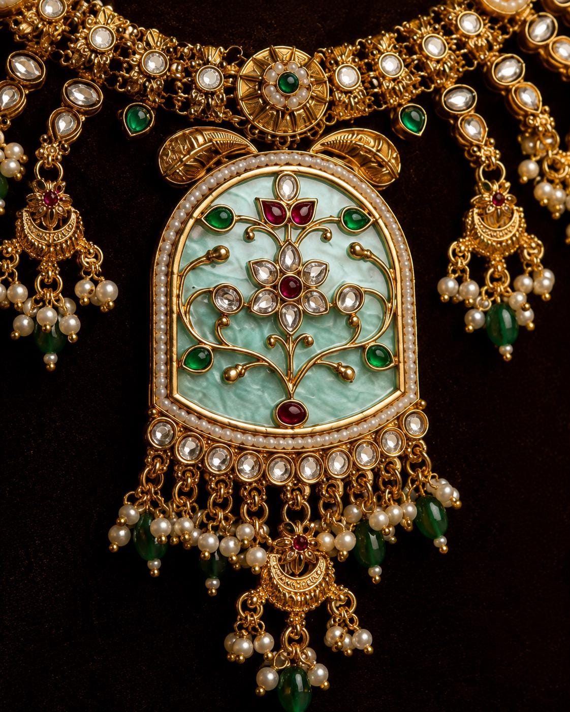 Mint Green Kundan Necklace Set, Gold Tone Indian Bridal Choker, Pearl Drop Statement Jewelry