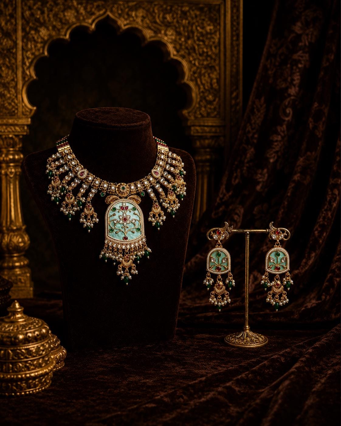 Mint Green Kundan Necklace Set, Gold Tone Indian Bridal Choker, Pearl Drop Statement Jewelry