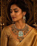 Mint Green Kundan Necklace Set, Gold Tone Indian Bridal Choker, Pearl Drop Statement Jewelry