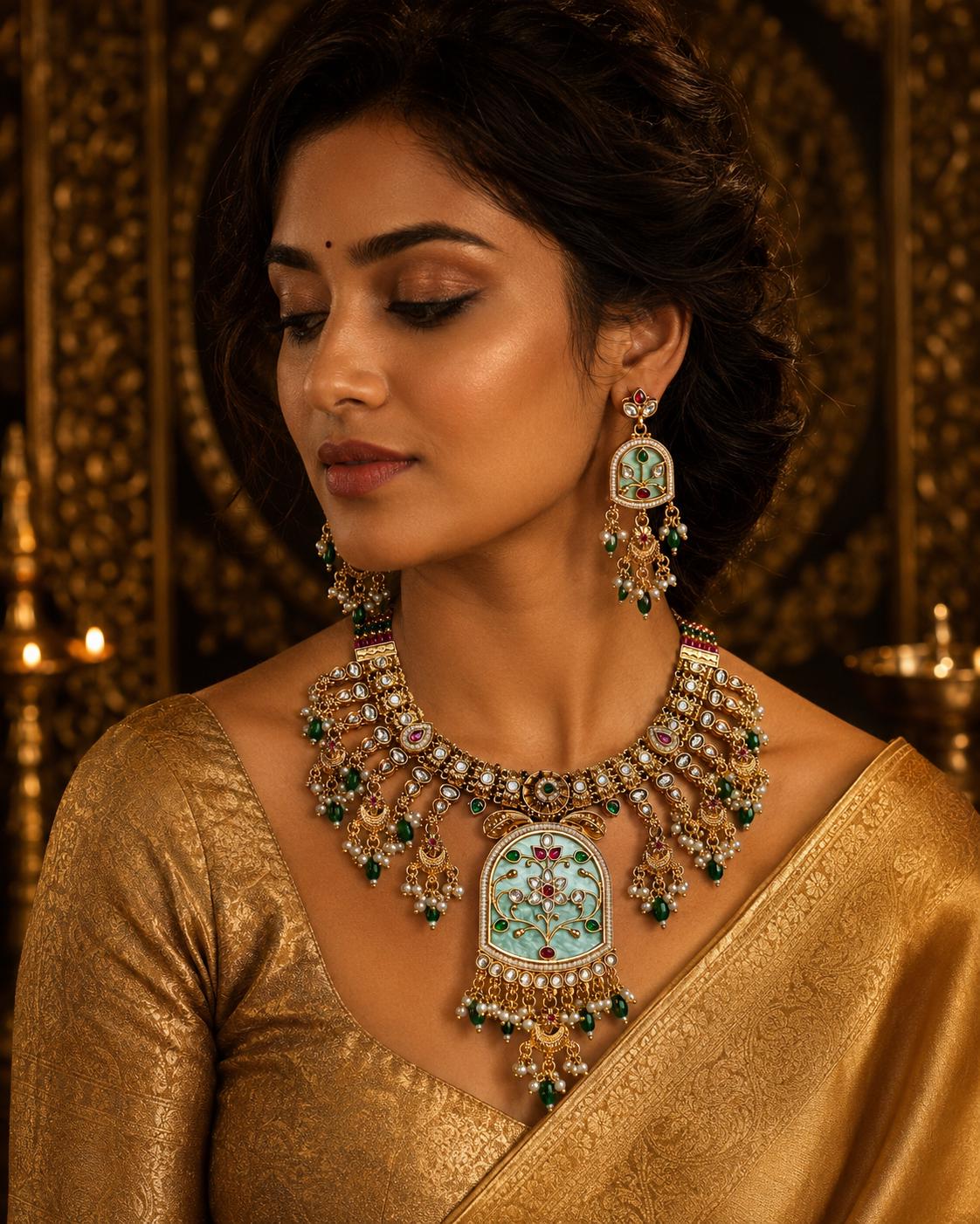 Mint Green Kundan Necklace Set, Gold Tone Indian Bridal Choker, Pearl Drop Statement Jewelry