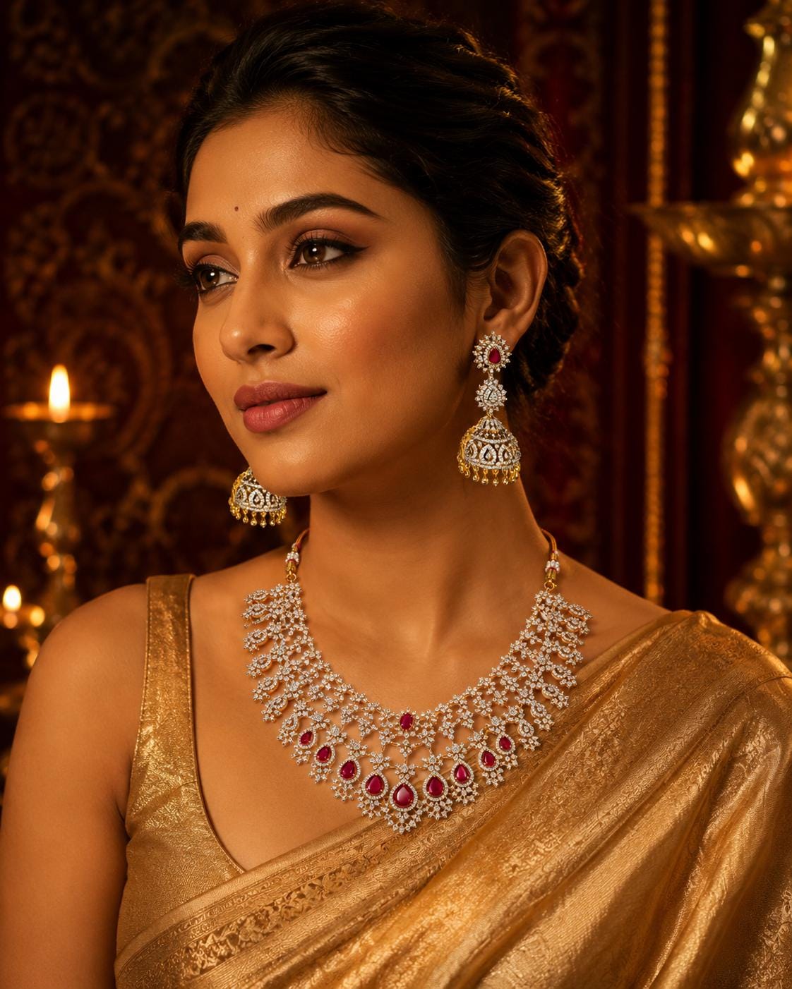 American Diamond Bridal Necklace Set, Ruby Red Pear Stones, Indian Wedding Jewellery, Jhumka Earrings