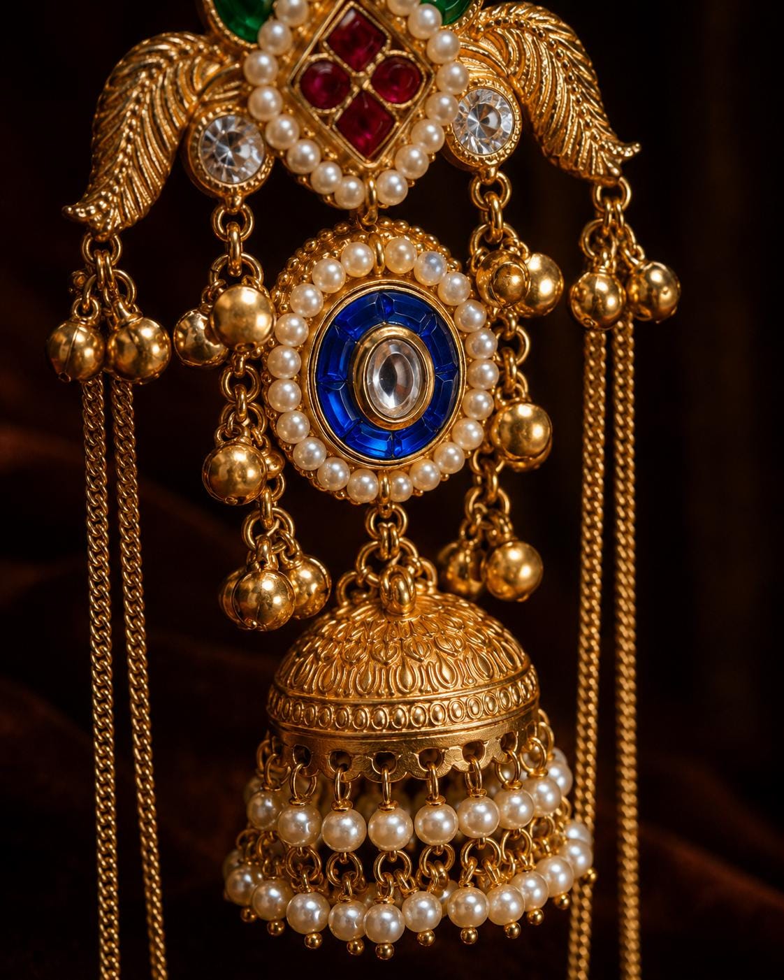 Indian Jhumka Earrings with Long Chain Tassels, Multicolor Kundan Style Statement Earrings