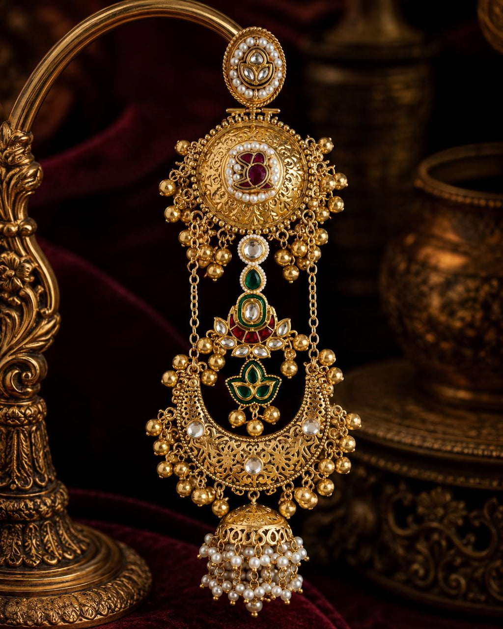 Antique Gold Chandbali Jhumka Earrings, Red Green Kundan Bridal Jewellery