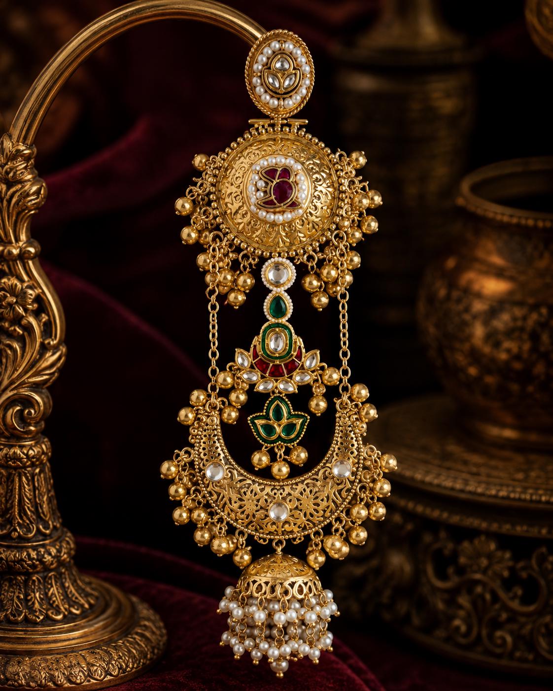 Antique Gold Chandbali Jhumka Earrings, Red Green Kundan Bridal Jewellery