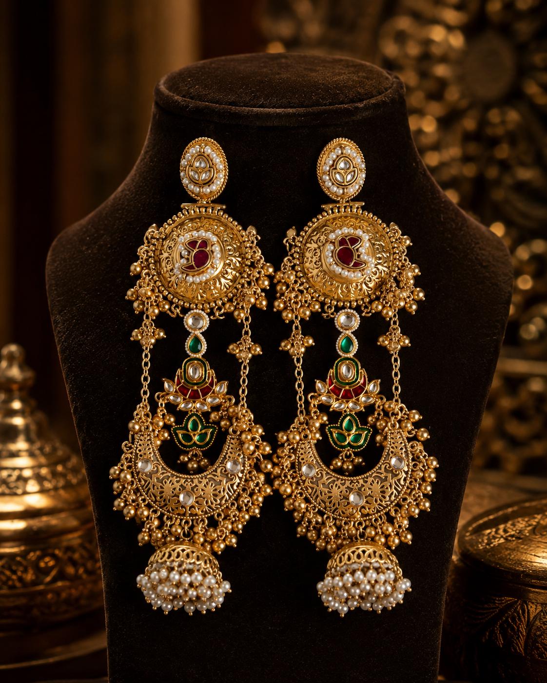 Antique Gold Chandbali Jhumka Earrings, Red Green Kundan Bridal Jewellery