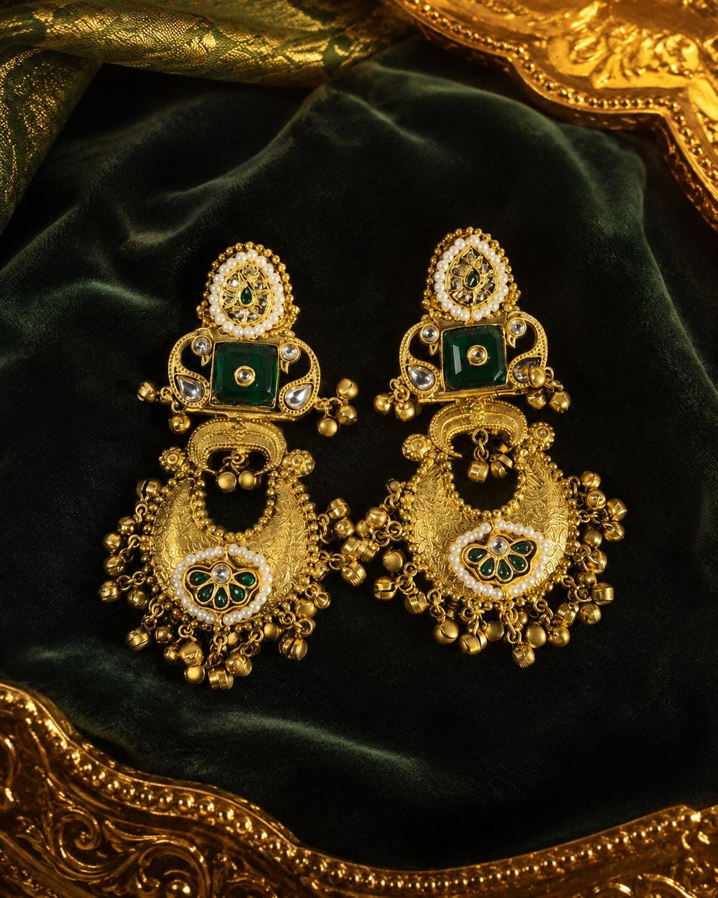 Green Kundan Chandbali Earrings, Gold Tone Indian Bridal Statement Jewellery