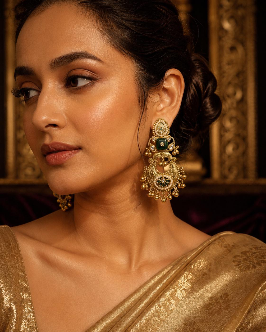 Green Kundan Chandbali Earrings, Gold Tone Indian Bridal Statement Jewellery