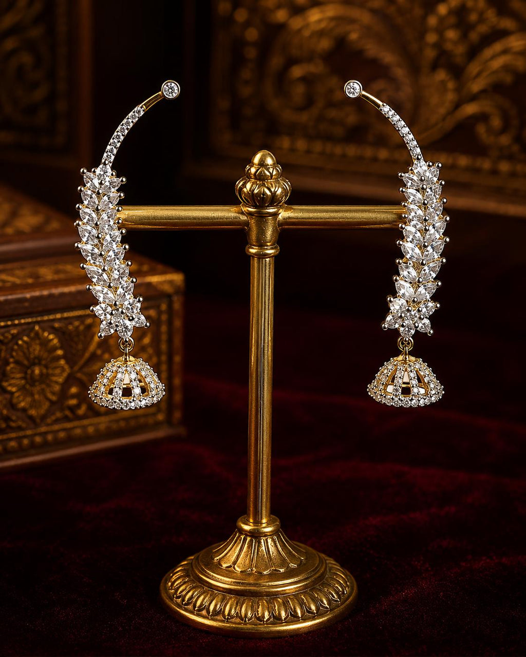 Silver CZ Leaf Jhumka Earrings, Diamond Look Bridal Jhumki, Gold Accent Wedding Saree Lehenga