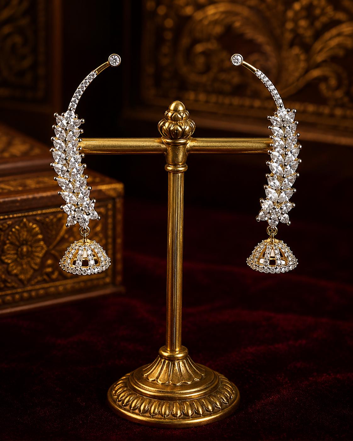 Silver CZ Leaf Jhumka Earrings, Diamond Look Bridal Jhumki, Gold Accent Wedding Saree Lehenga