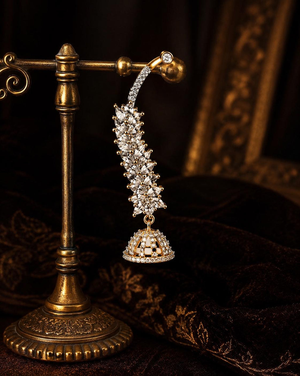 Silver CZ Leaf Jhumka Earrings, Diamond Look Bridal Jhumki, Gold Accent Wedding Saree Lehenga