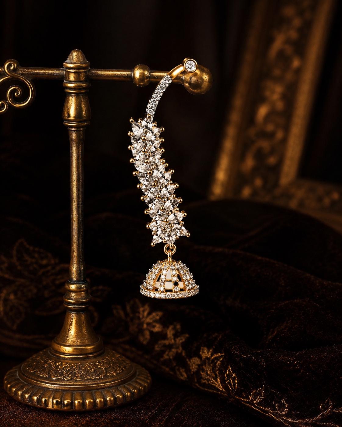 Silver CZ Leaf Jhumka Earrings, Diamond Look Bridal Jhumki, Gold Accent Wedding Saree Lehenga