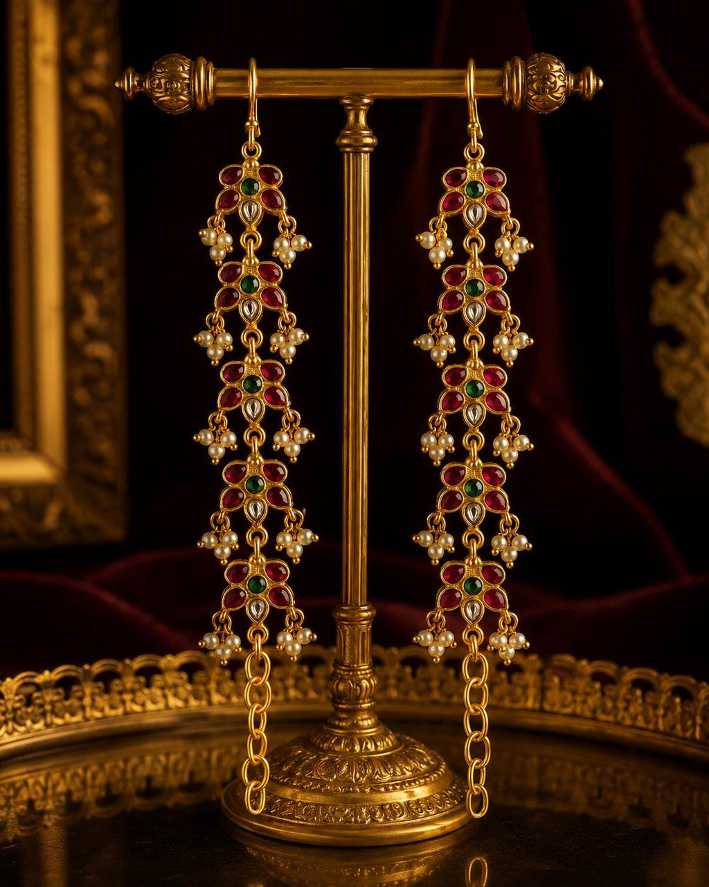 Long Indian Earrings, Gold Tone Pearl Drop Red Green Stones, Traditional Bridal Chain Jewelry