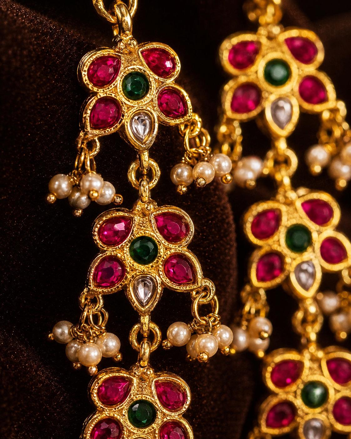 Long Indian Earrings, Gold Tone Pearl Drop Red Green Stones, Traditional Bridal Chain Jewelry