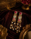 Indian Chandelier Earrings, Pink White Stone Gold Tone Pearl Tassel Bridal Wedding