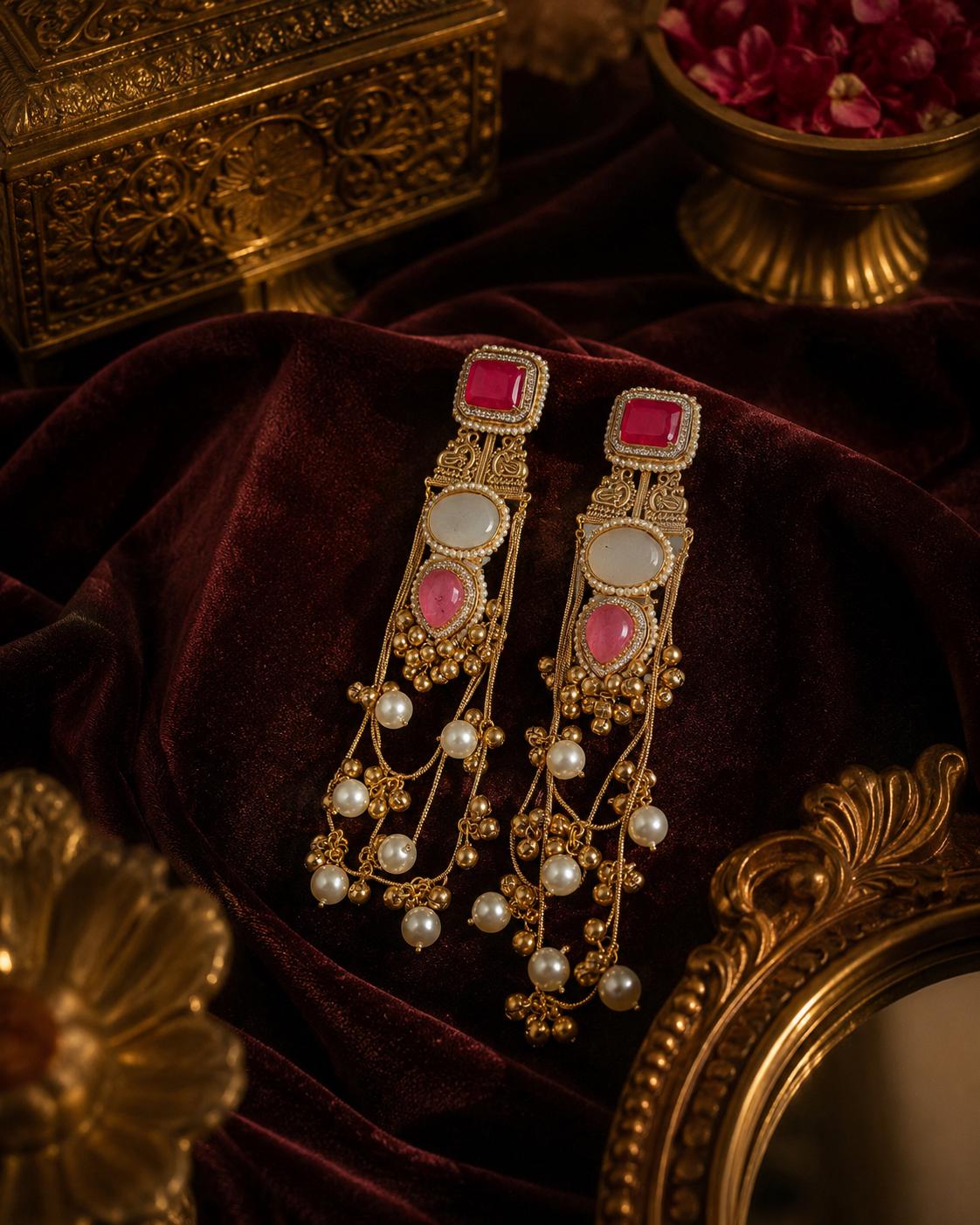 Indian Chandelier Earrings, Pink White Stone Gold Tone Pearl Tassel Bridal Wedding