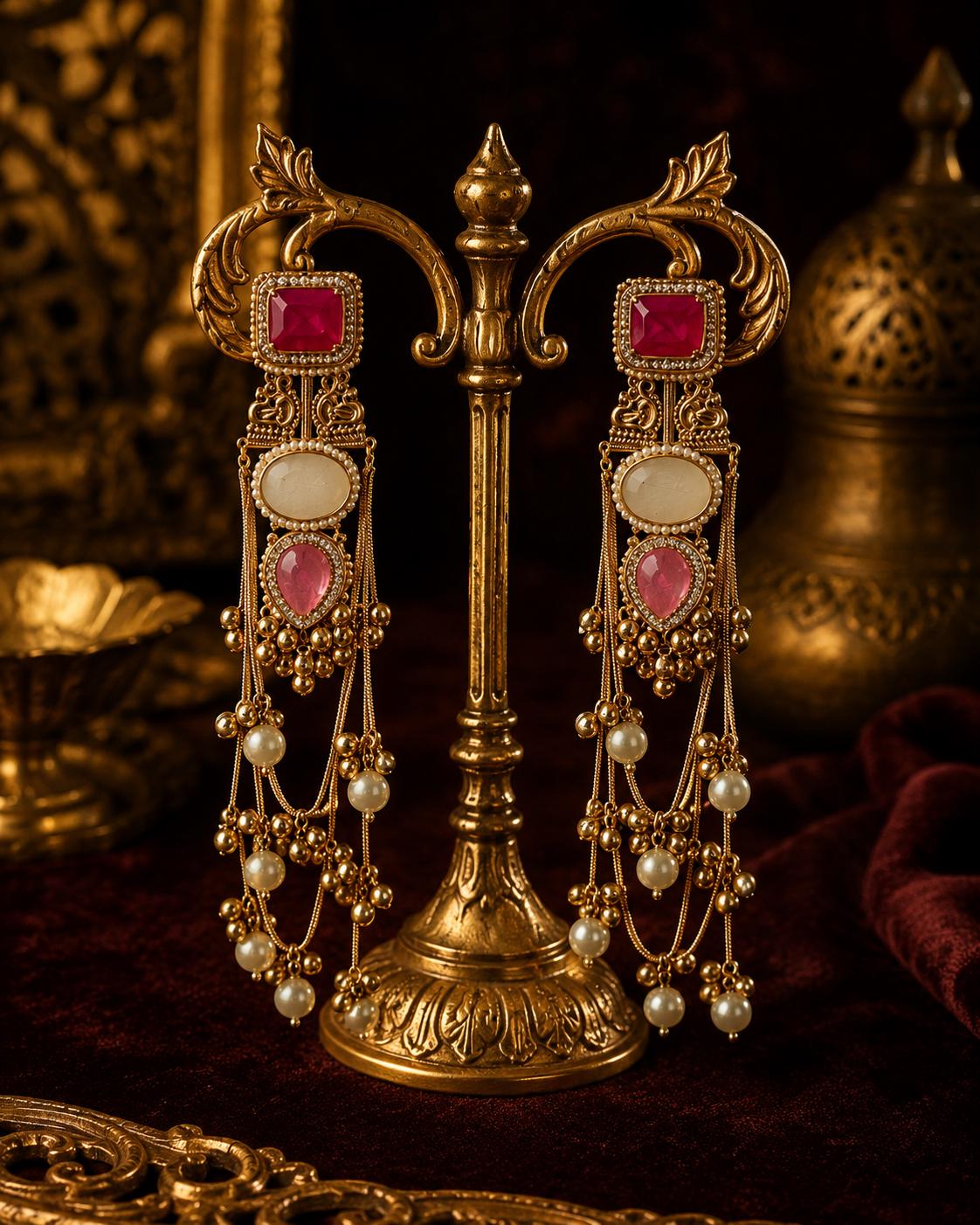 Indian Chandelier Earrings, Pink White Stone Gold Tone Pearl Tassel Bridal Wedding