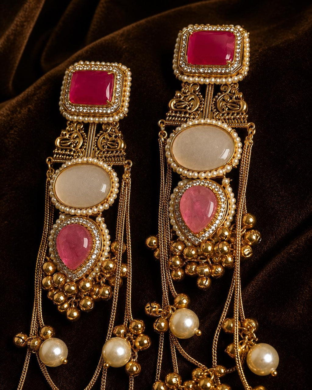 Indian Chandelier Earrings, Pink White Stone Gold Tone Pearl Tassel Bridal Wedding