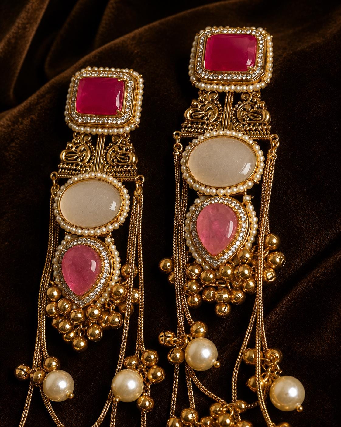 Indian Chandelier Earrings, Pink White Stone Gold Tone Pearl Tassel Bridal Wedding