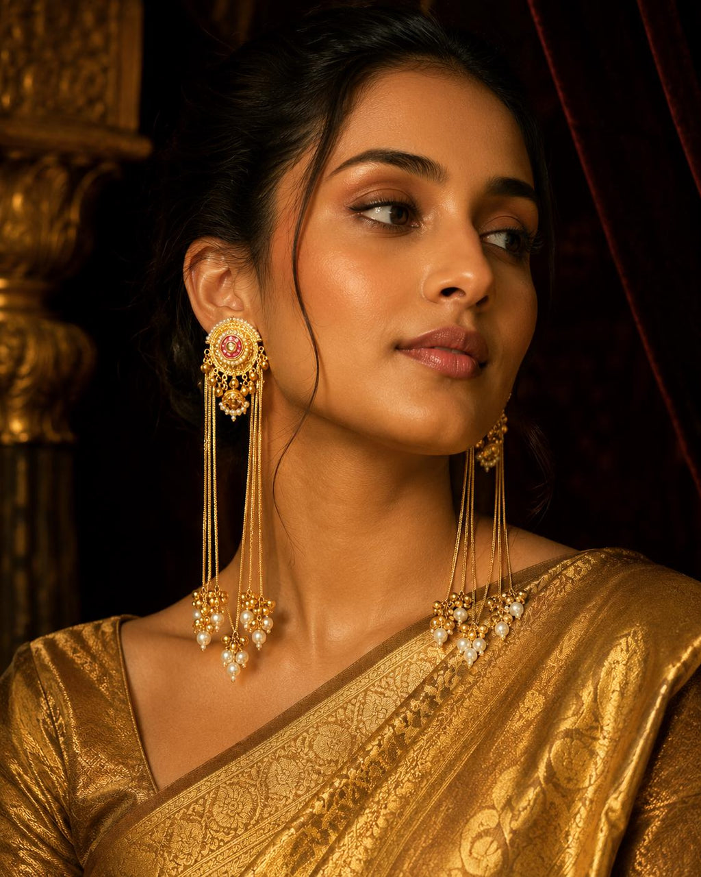 Gold Tone Long Chain Earrings, Pink Stone Pearl Tassel, Indian Bridal Statement Jewelry