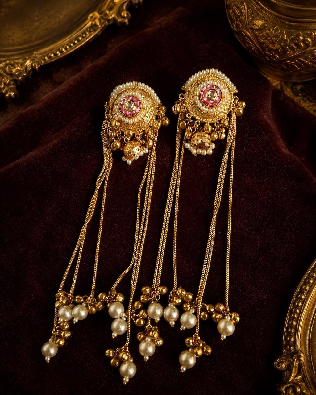 Gold Tone Long Chain Earrings, Pink Stone Pearl Tassel, Indian Bridal Statement Jewelry