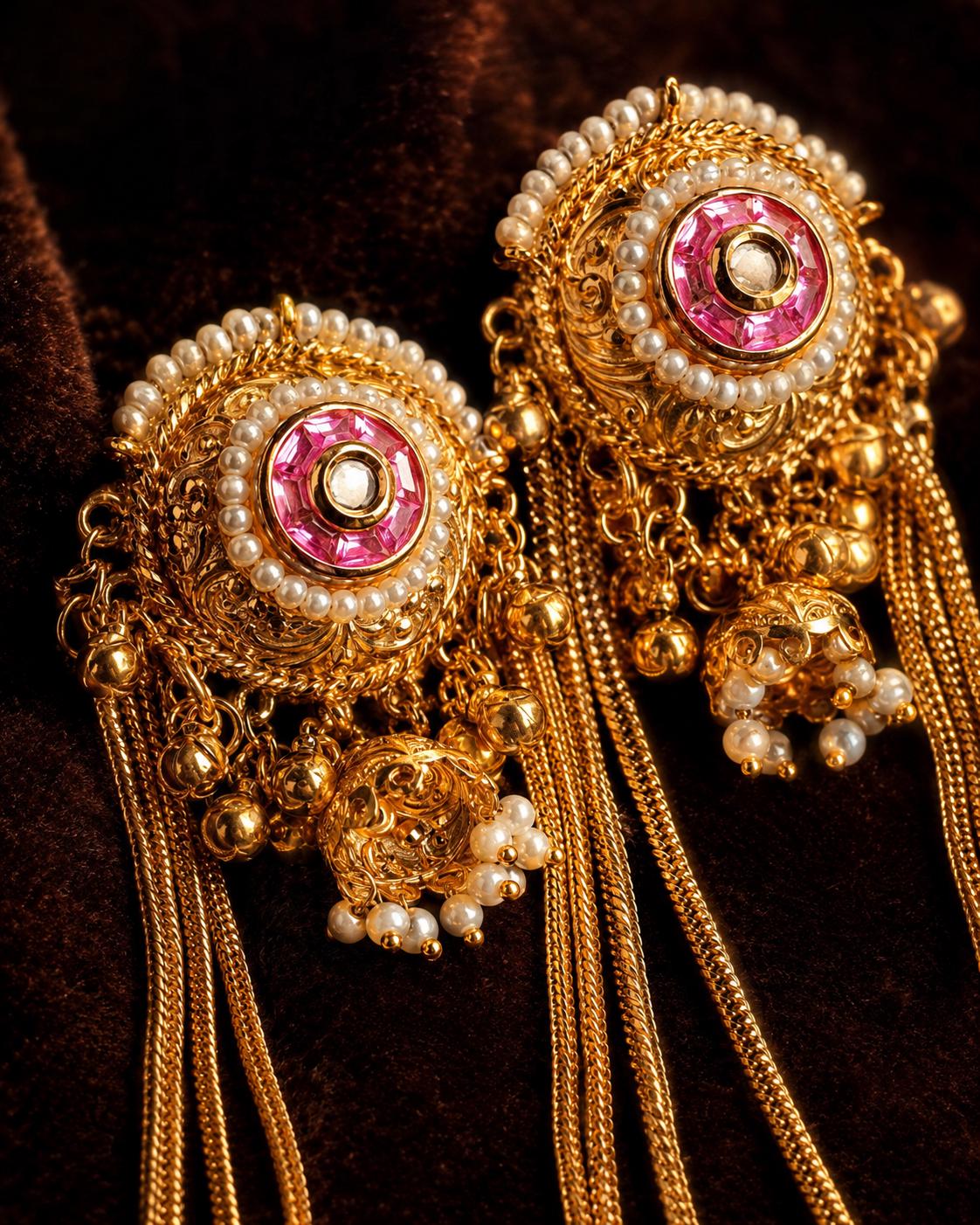 Gold Tone Long Chain Earrings, Pink Stone Pearl Tassel, Indian Bridal Statement Jewelry