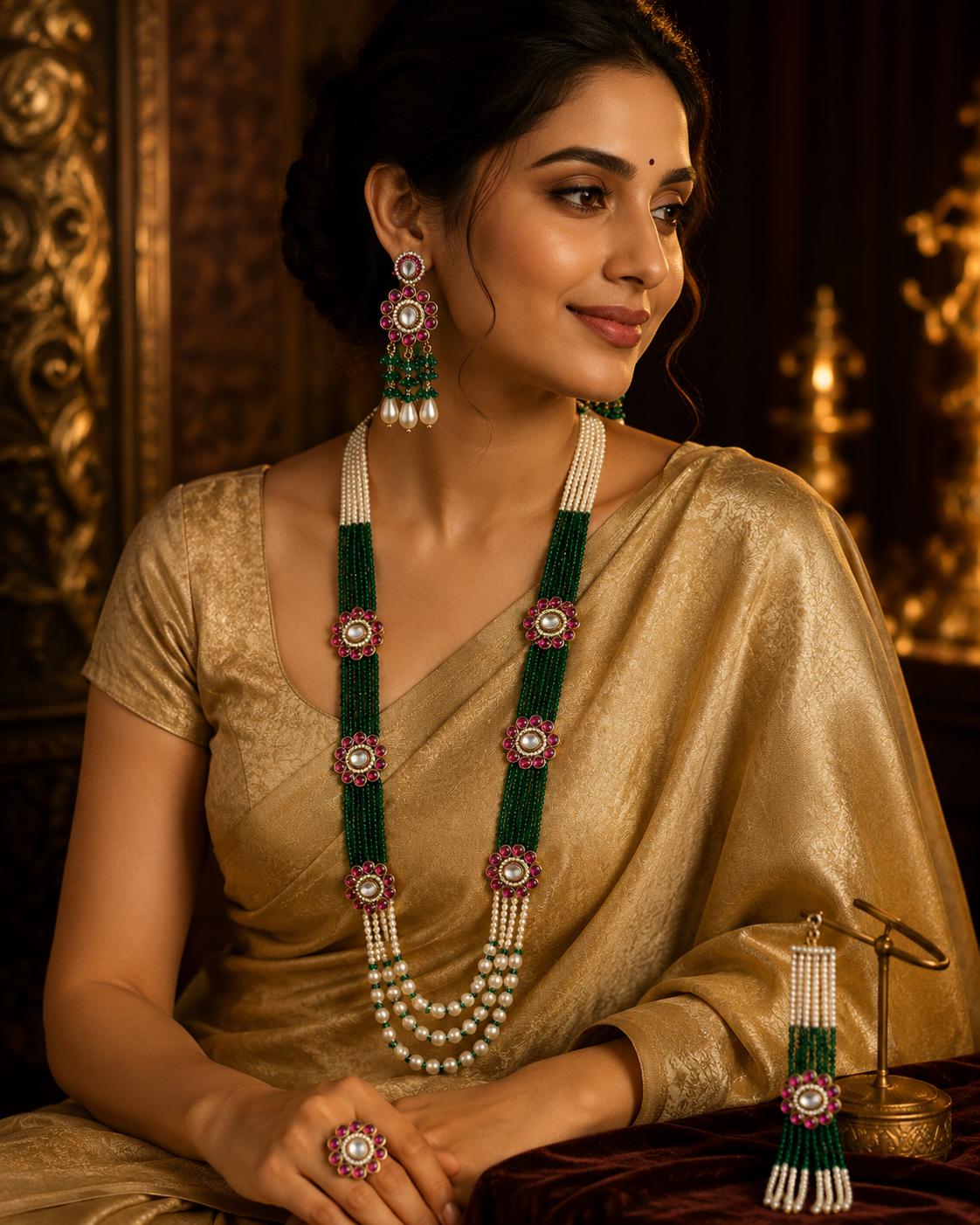 Indian Bridal Jewellery Set, Green Beads, Pearls, Pink Kundan Stones, Rani Haar Necklace