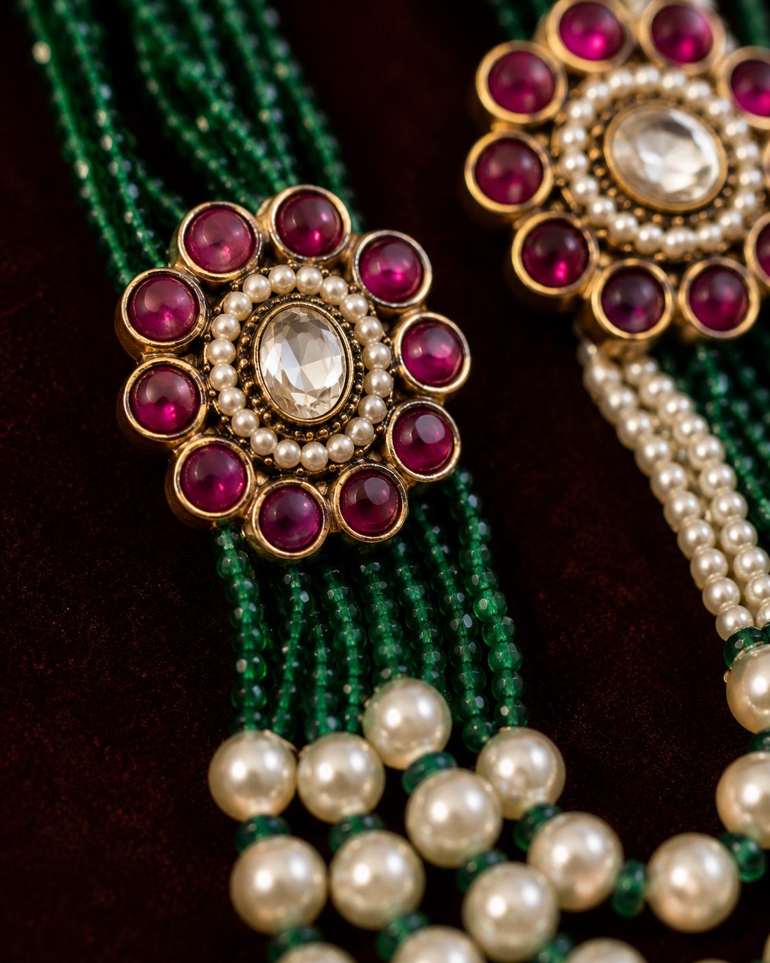 Indian Bridal Jewellery Set, Green Beads, Pearls, Pink Kundan Stones, Rani Haar Necklace
