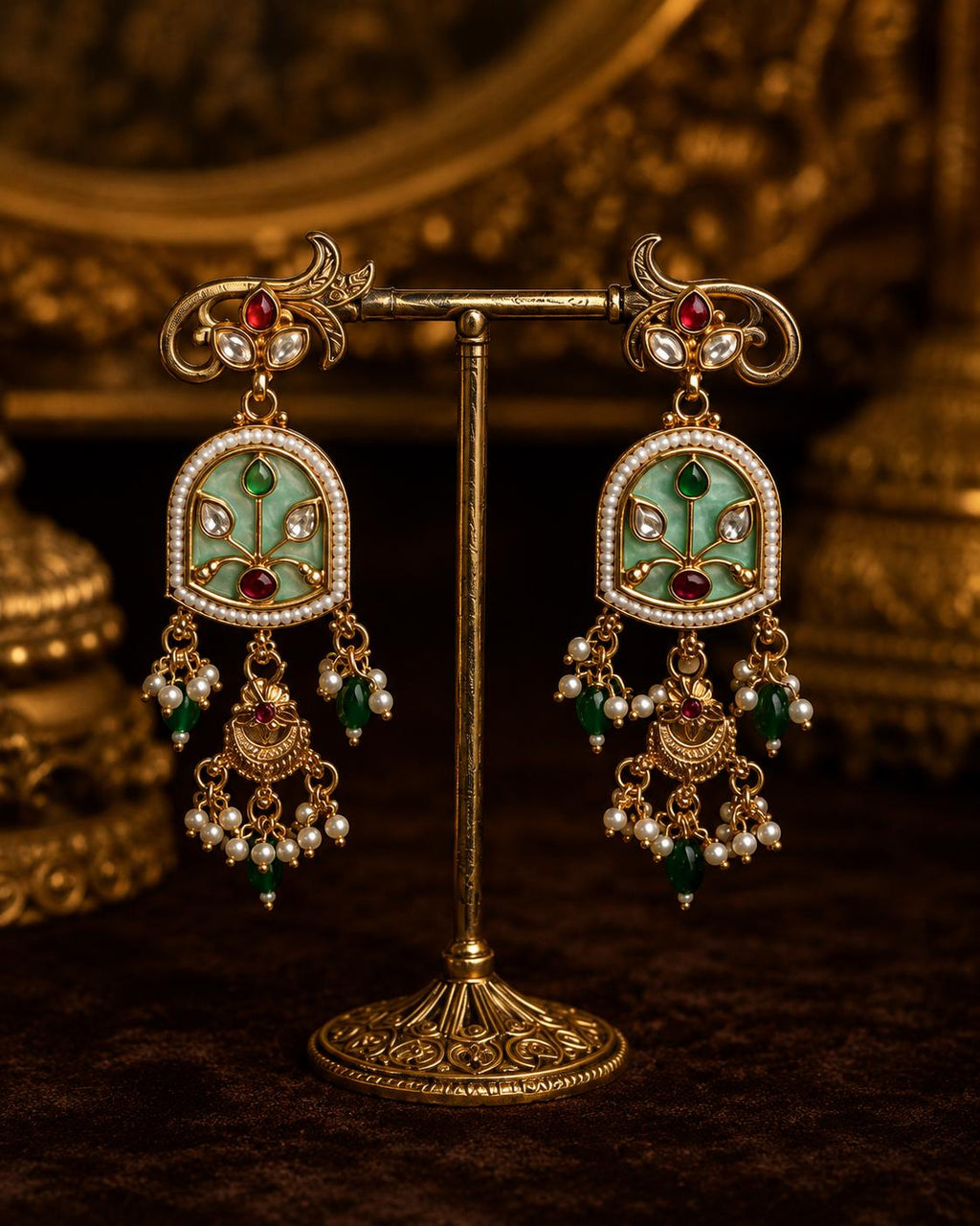 Mint Green Kundan Necklace Set, Gold Tone Indian Bridal Choker, Pearl Drop Statement Jewelry